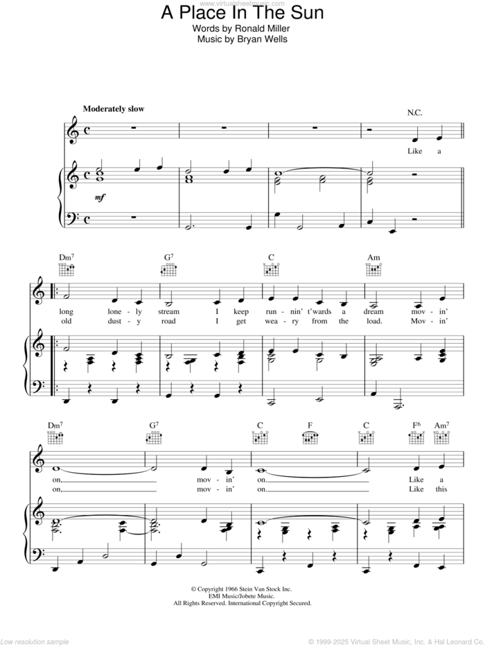 A Place In The Sun sheet music for voice, piano or guitar by Stevie Wonder, Bryan Wells and Ron Miller, intermediate skill level