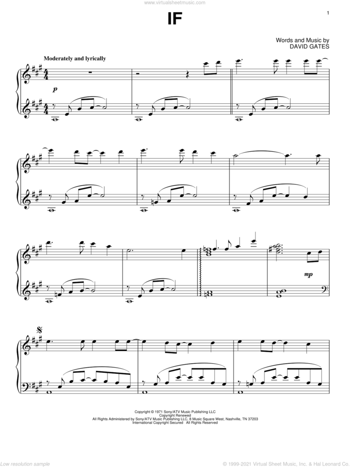 If, (intermediate) sheet music for piano solo by Bread and David Gates, intermediate skill level