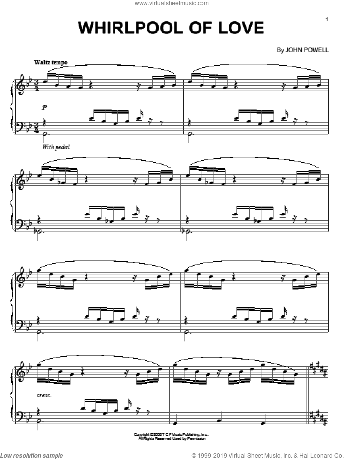 Whirlpool Of Love sheet music for piano solo by John Powell and X-Men: The Last Stand (Movie), intermediate skill level