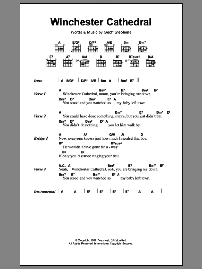 Winchester Cathedral sheet music for guitar (chords) by The New Vaudeville Band and Geoff Stephens, intermediate skill level