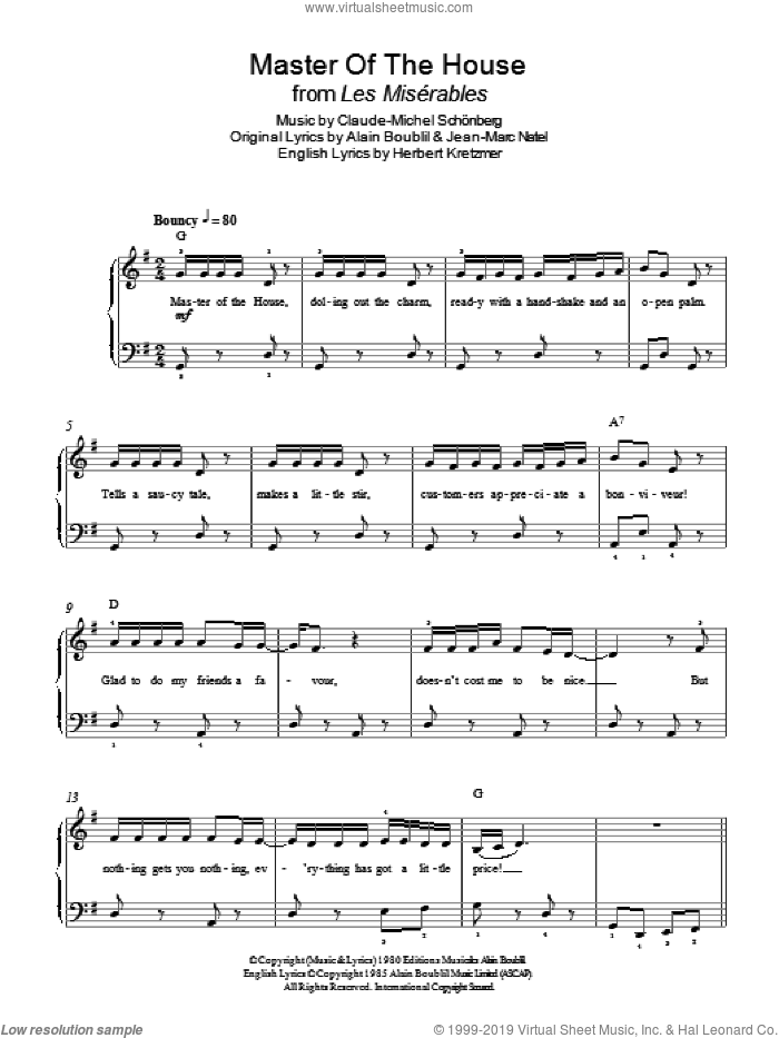 Master Of The House (from Les Miserables) sheet music for piano solo by Boublil and Schonberg, Alain Boublil, Claude-Michel Schonberg, Herbert Kretzmer and Jean-Marc Natel, easy skill level