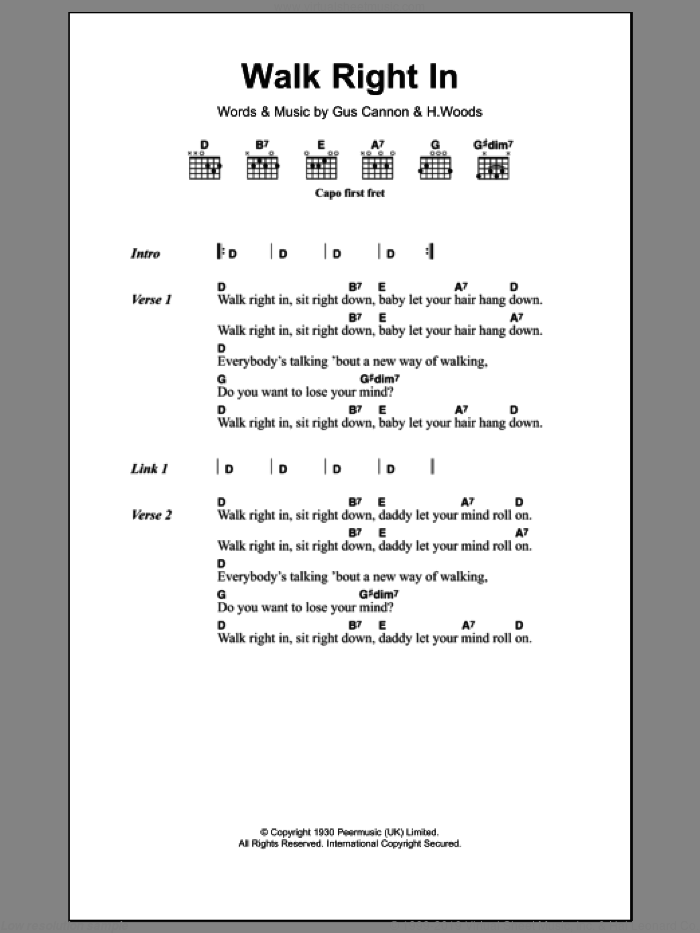 Walk Right In sheet music for guitar (chords) by The Rooftop Singers, Gus Cannon and H.Woods, intermediate skill level