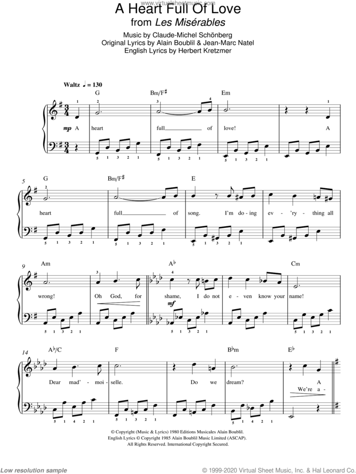 A Heart Full Of Love (from Les Miserables) sheet music for piano solo by Boublil and Schonberg, Alain Boublil, Claude-Michel Schonberg, Herbert Kretzmer and Jean-Marc Natel, easy skill level