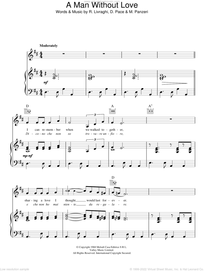 A Man Without Love (Quando M'innamoro) sheet music for voice, piano or guitar by Engelbert Humperdinck, D. Pace, M. Panzeri and R. Livraghi, intermediate skill level