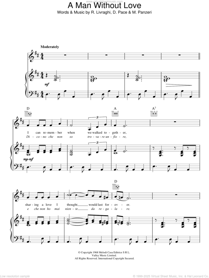 A Man Without Love (Quando M'innamoro) sheet music for voice, piano or guitar by Engelbert Humperdinck, D. Pace, M. Panzeri and R. Livraghi, intermediate skill level