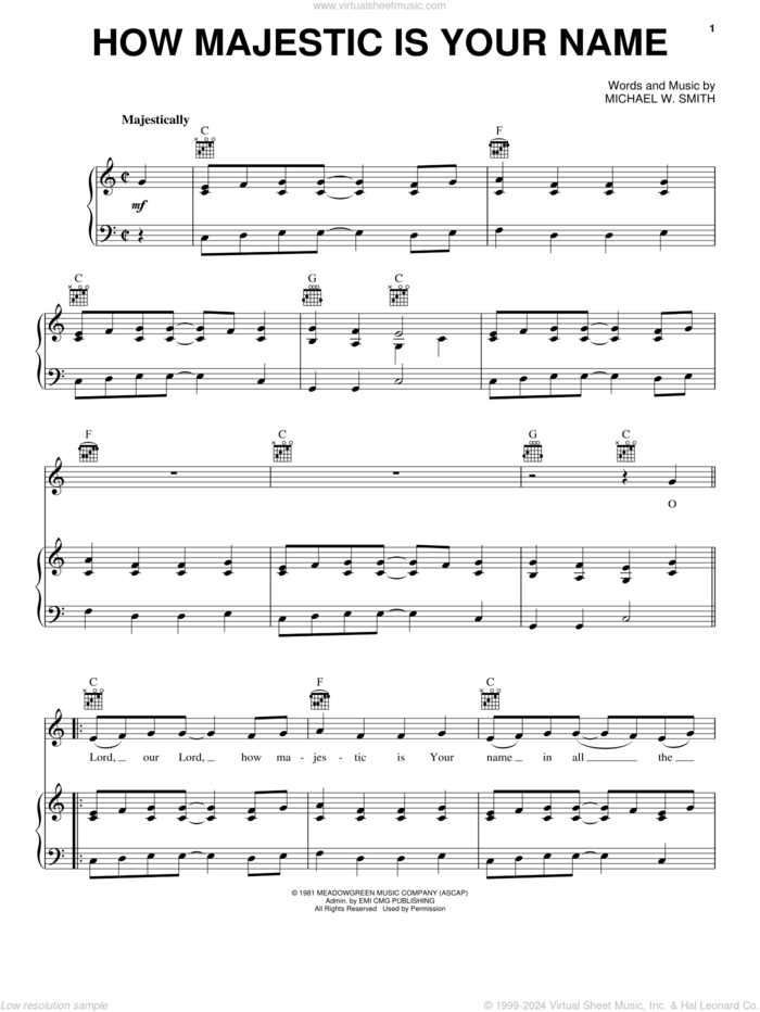 How Majestic Is Your Name sheet music for voice, piano or guitar by Michael W. Smith and Sandi Patty, intermediate skill level