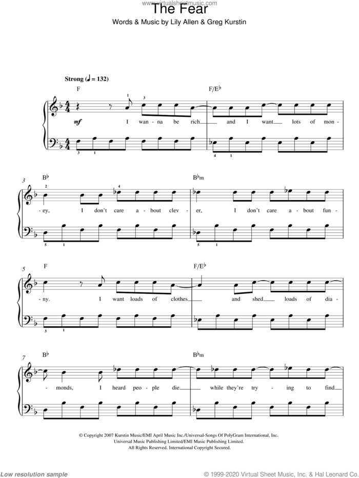 The Fear sheet music for piano solo by Lily Allen and Greg Kurstin, easy skill level