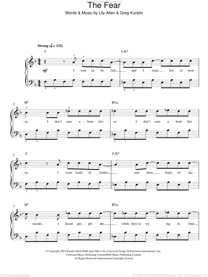 The Fear sheet music for piano solo by Lily Allen and Greg Kurstin, easy skill level