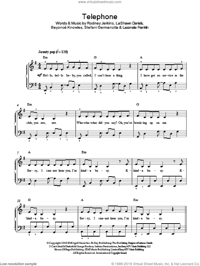 Telephone, (easy) sheet music for piano solo by Lady Gaga, Beyonce Knowles, Beyonce, LaShawn Daniels, Lazonate Franklin and Rodney Jerkins, easy skill level