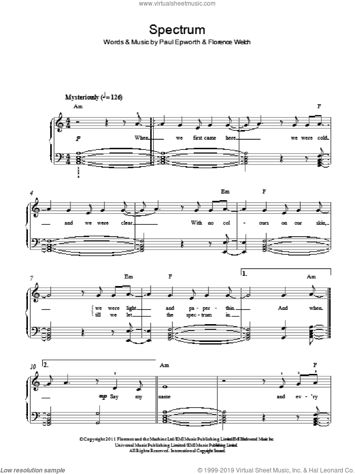 Spectrum sheet music for piano solo by Florence And The Machine, Florence Welch and Paul Epworth, easy skill level