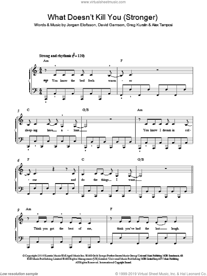 What Doesn't Kill You (Stronger) sheet music for piano solo by Kelly Clarkson, Alex Tamposi, David Gamson, Greg Kurstin, JA�Aorgen Elofsson and Jorgen Elofsson, easy skill level