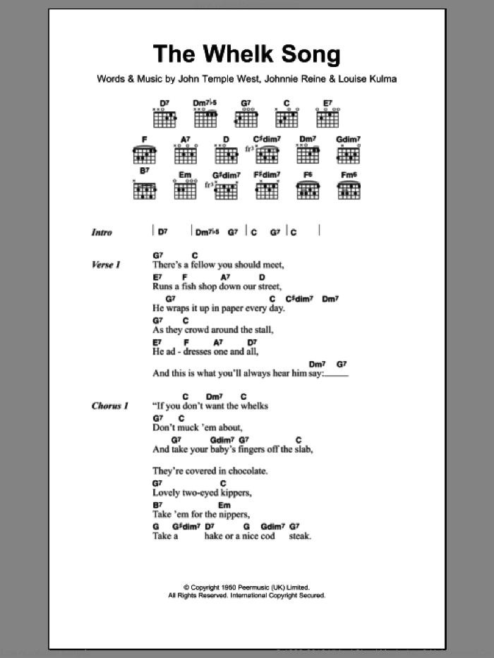 The Whelk Song sheet music for guitar (chords) by Billy Cotton, John Temple West, Johnnie Reine and Louise Kulma, intermediate skill level
