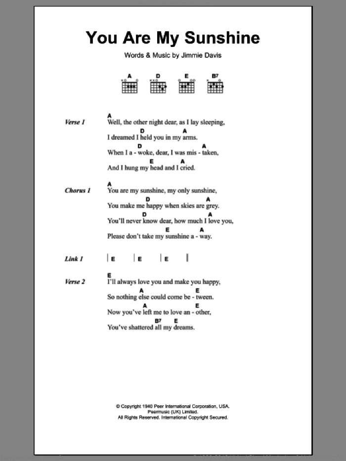 You Are My Sunshine sheet music for guitar (chords) by Jimmie Davis, intermediate skill level