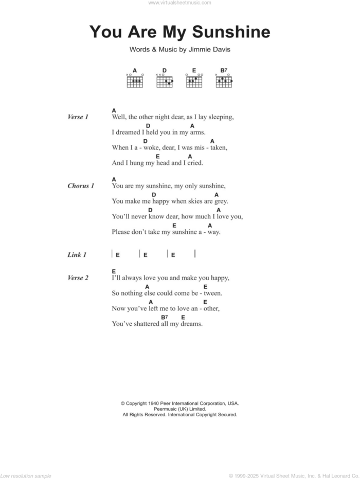 You Are My Sunshine sheet music for guitar (chords) by Jimmie Davis, intermediate skill level