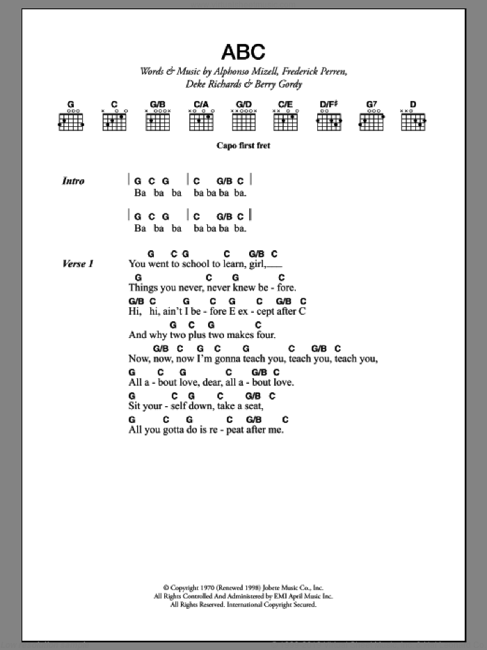 ABC sheet music for guitar (chords) by The Jackson 5, Alphonso Mizell, Berry Gordy, Deke Richards and Frederick Perren, intermediate skill level