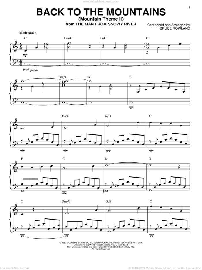 Back To The Mountains (Mountain Theme II) sheet music for piano solo by Bruce Rowland and The Man from Snowy River (Movie), intermediate skill level