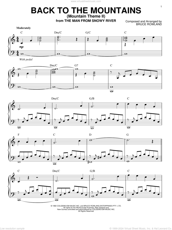 Back To The Mountains (Mountain Theme II) sheet music for piano solo by Bruce Rowland and The Man from Snowy River (Movie), intermediate skill level