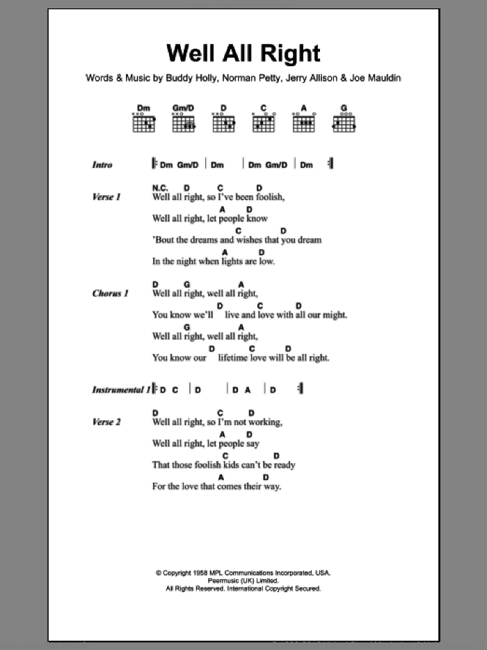 Well All Right sheet music for guitar (chords) by Buddy Holly, Jerry Allison, Joe Mauldin and Norman Petty, intermediate skill level