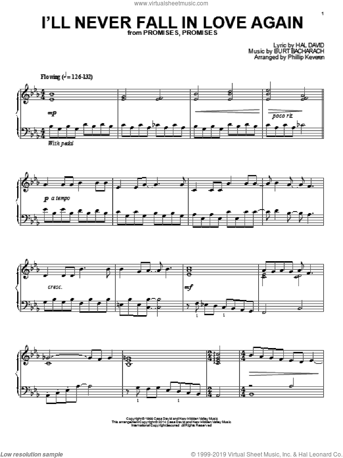 I'll Never Fall In Love Again (arr. Phillip Keveren) sheet music for piano solo by Phillip Keveren, Bacharach & David, Burt Bacharach, Dionne Warwick and Hal David, intermediate skill level