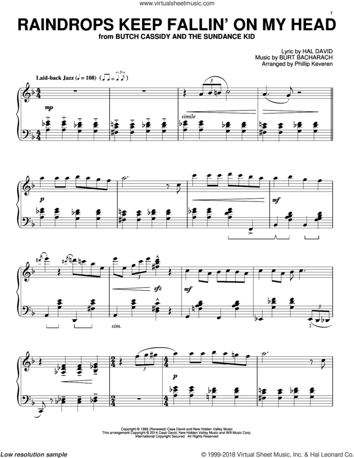 Raindrops Keep Fallin' On My Head (arr. Phillip Keveren) sheet music for piano solo by Phillip Keveren, Bacharach & David, Burt Bacharach and Hal David, intermediate skill level