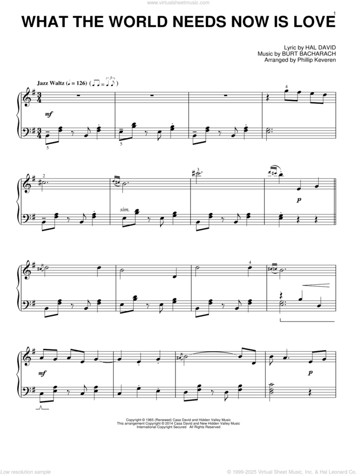 What The World Needs Now Is Love (arr. Phillip Keveren) sheet music for piano solo by Phillip Keveren, Bacharach & David, Burt Bacharach, Hal David and Jackie DeShannon, intermediate skill level