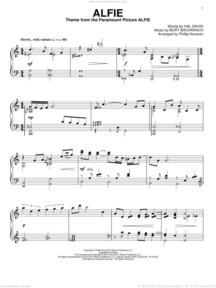 Alfie (arr. Phillip Keveren) sheet music for piano solo by Phillip Keveren, Cher, Dionne Warwick, Sonny Rollins, Stevie Wonder, Bacharach & David, Burt Bacharach and Hal David, intermediate skill level