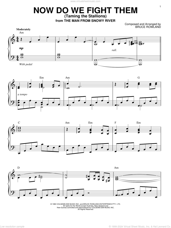 Now Do We Fight Them (Taming The Stallions) sheet music for piano solo by Bruce Rowland and The Man from Snowy River (Movie), intermediate skill level