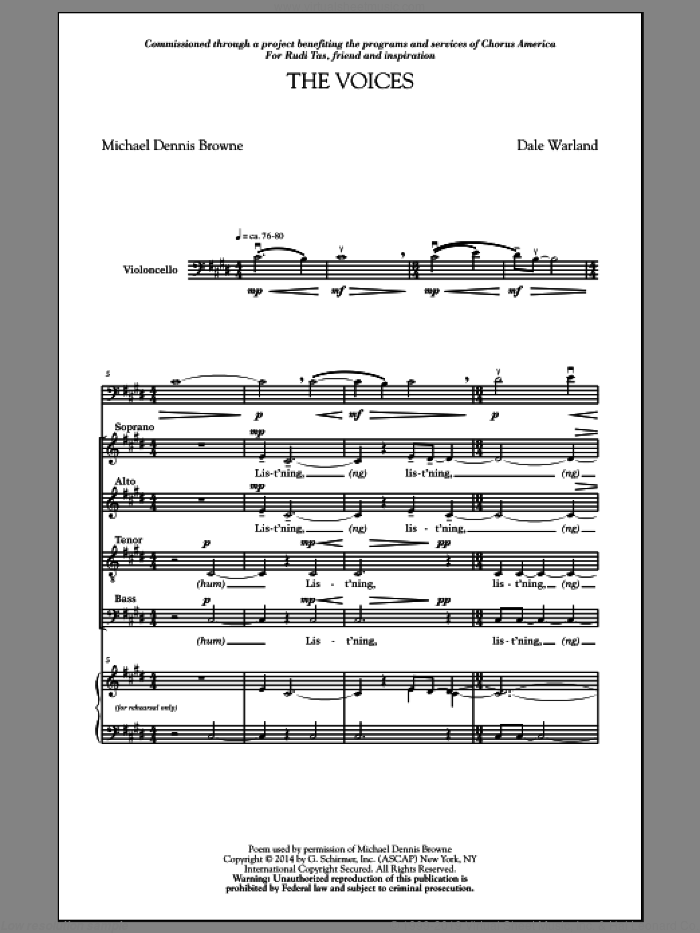 The Voices sheet music for choir (SATB: soprano, alto, tenor, bass) by Dale Warland and Michael Dennis Browne, intermediate skill level