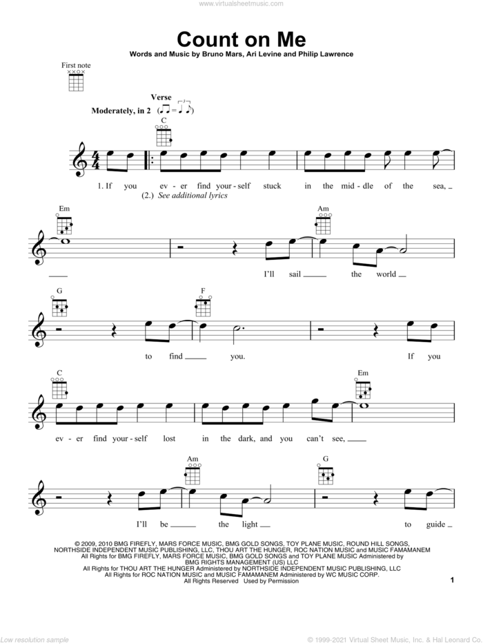 Count On Me sheet music for ukulele by Bruno Mars, Ari Levine and Philip Lawrence, intermediate skill level