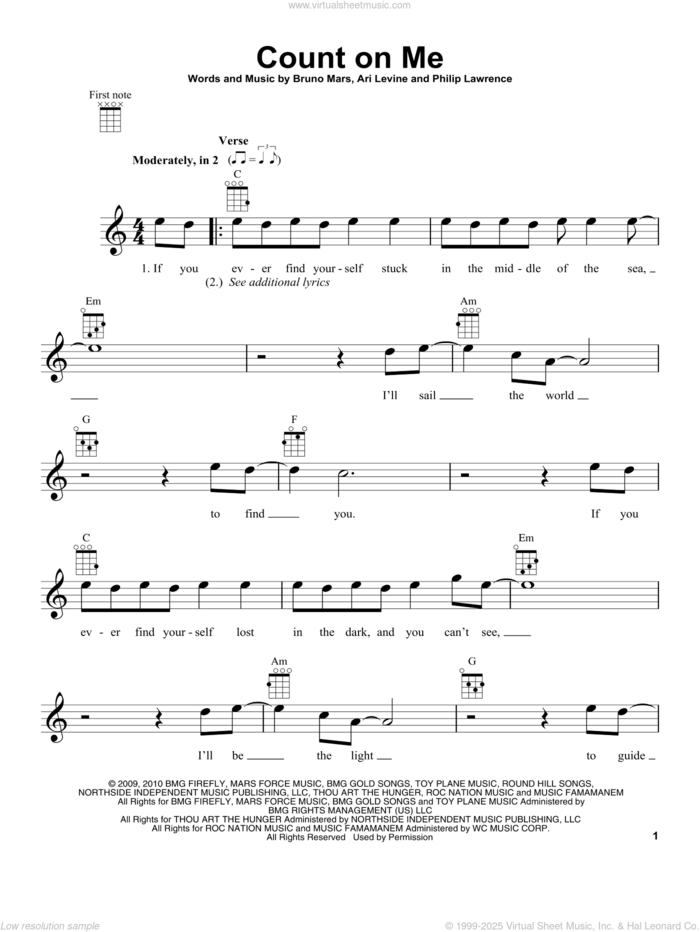 Count On Me (from The Daily Ukulele) sheet music for ukulele by Bruno Mars, Ari Levine and Philip Lawrence, intermediate skill level