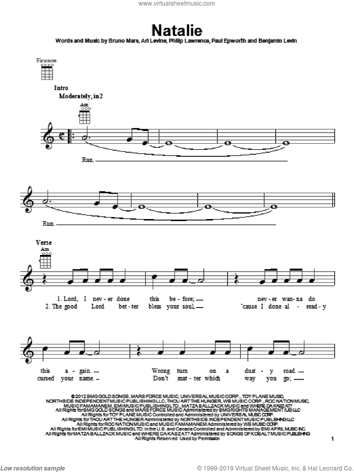 Natalie sheet music for ukulele by Bruno Mars, Ari Levine, Benjamin Levin, Paul Epworth and Philip Lawrence, intermediate skill level