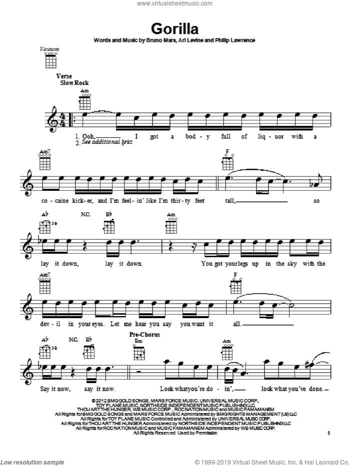 Gorilla sheet music for ukulele by Bruno Mars, Ari Levine and Philip Lawrence, intermediate skill level