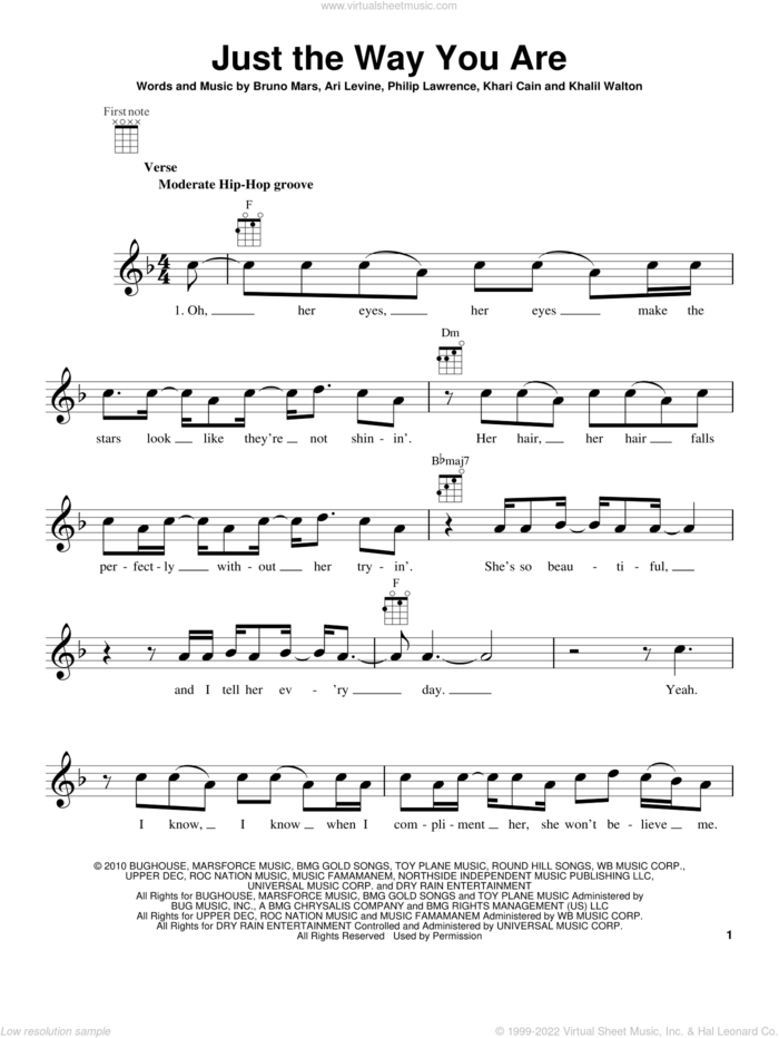 Just The Way You Are sheet music for ukulele by Bruno Mars, Ari Levine, Khalil Walton, Khari Cain and Philip Lawrence, wedding score, intermediate skill level