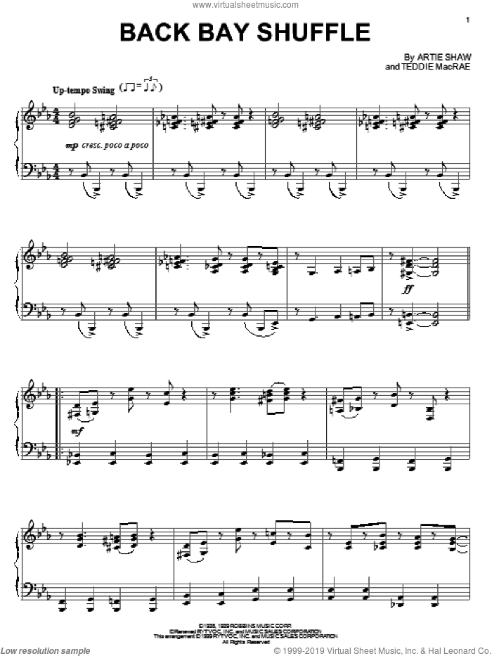 Back Bay Shuffle sheet music for piano solo by Artie Shaw and Teddie MacRae, intermediate skill level