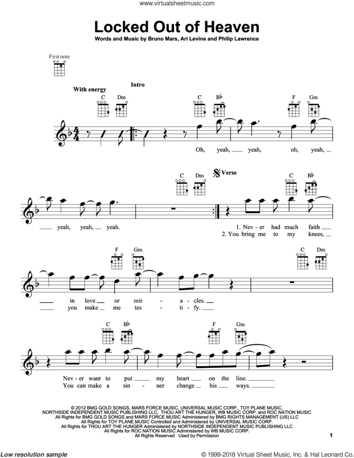 Locked Out Of Heaven sheet music for ukulele by Bruno Mars, Ari Levine and Philip Lawrence, intermediate skill level