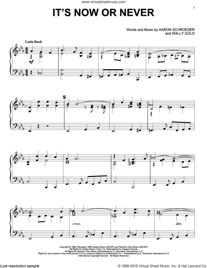 It's Now Or Never sheet music for piano solo by Elvis Presley, Aaron Schroeder, John Schneider and Wally Gold, intermediate skill level