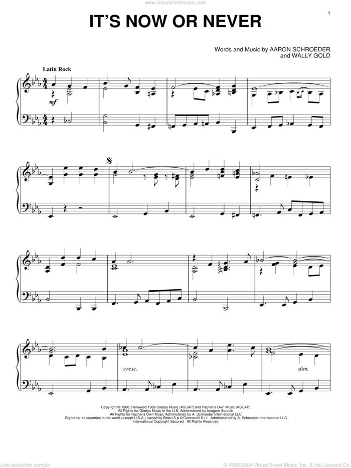 It's Now Or Never sheet music for piano solo by Elvis Presley, Aaron Schroeder, John Schneider and Wally Gold, intermediate skill level