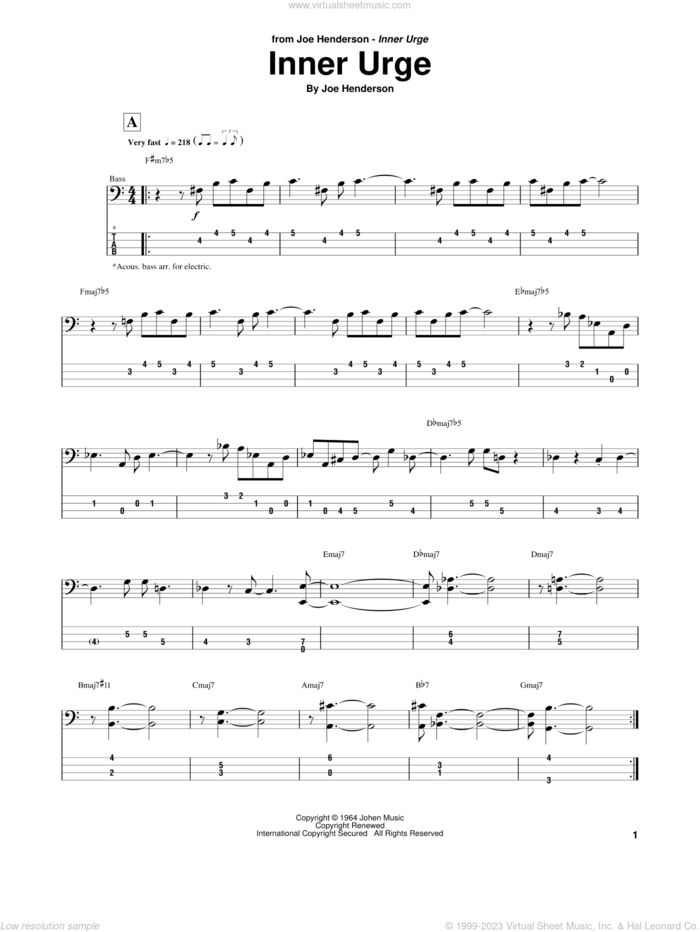 Inner Urge sheet music for bass (tablature) (bass guitar) by Joe Henderson, intermediate skill level