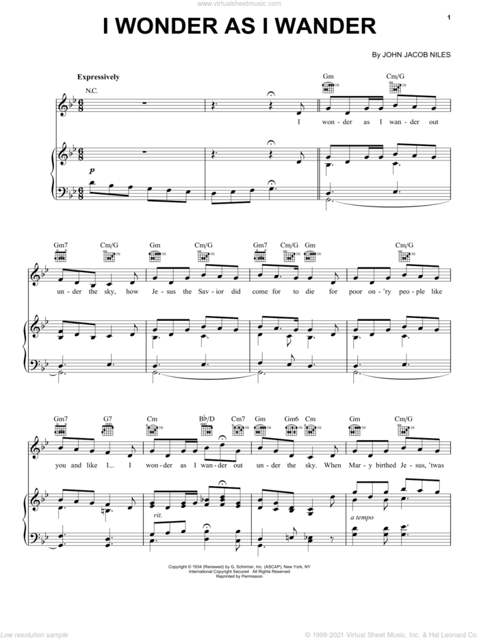 I Wonder As I Wander sheet music for voice, piano or guitar by John Jacob Niles, intermediate skill level