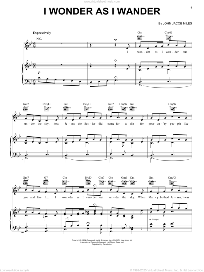 I Wonder As I Wander sheet music for voice, piano or guitar by John Jacob Niles, intermediate skill level