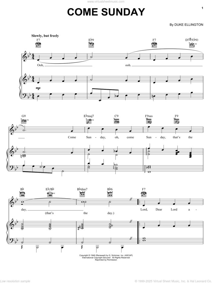 Come Sunday sheet music for voice, piano or guitar by Duke Ellington, intermediate skill level