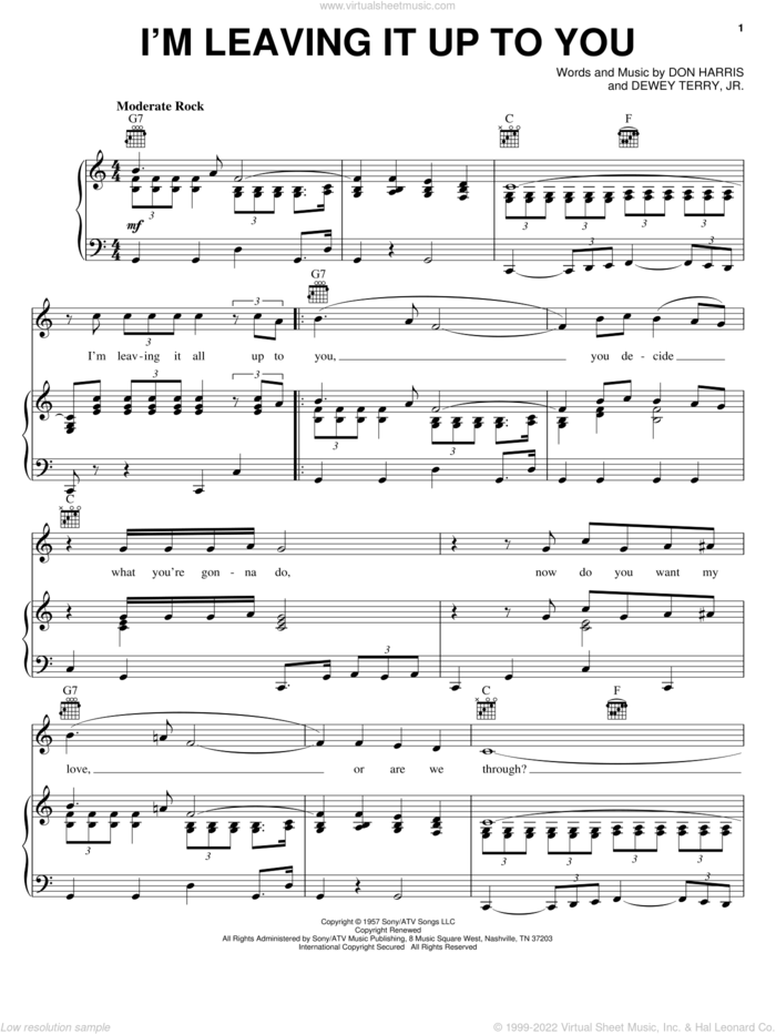 I'm Leaving It Up To You sheet music for voice, piano or guitar by Dale & Grace, Donny & Marie Osmond, Don Harris and Jr., Dewey Terry, intermediate skill level