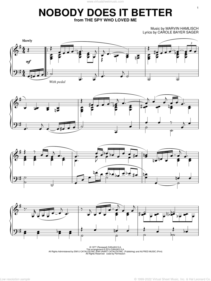Nobody Does It Better sheet music for piano solo by Carly Simon, Carole Bayer Sager and Marvin Hamlisch, intermediate skill level