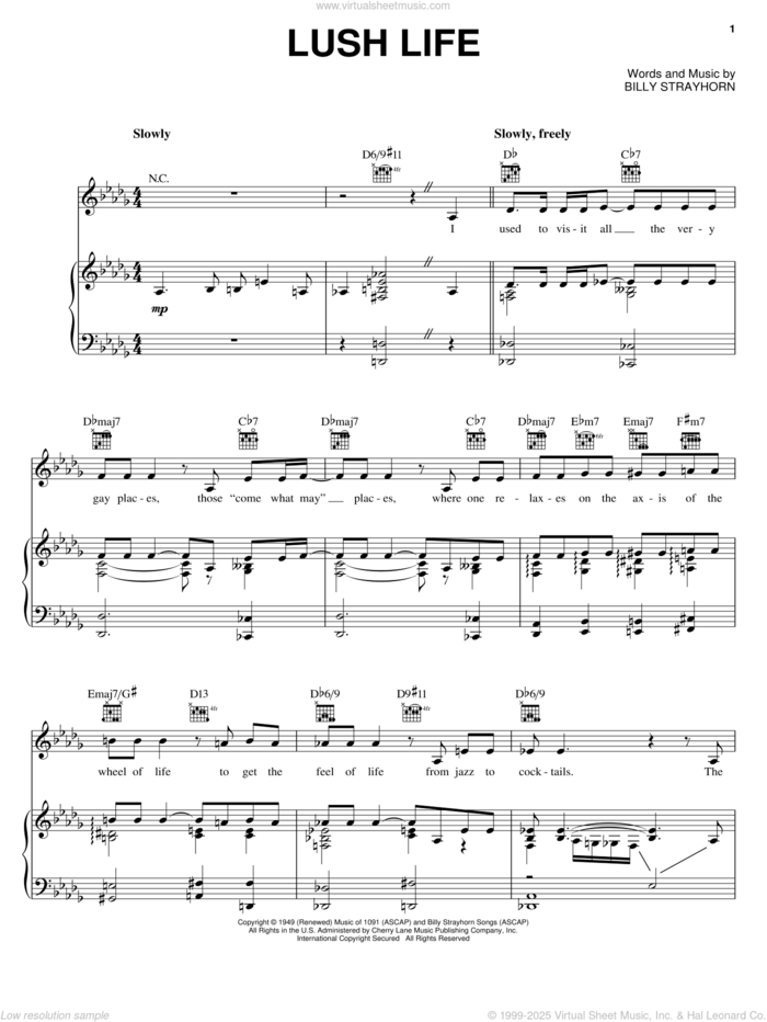 Lush Life sheet music for voice, piano or guitar by Billy Strayhorn, intermediate skill level