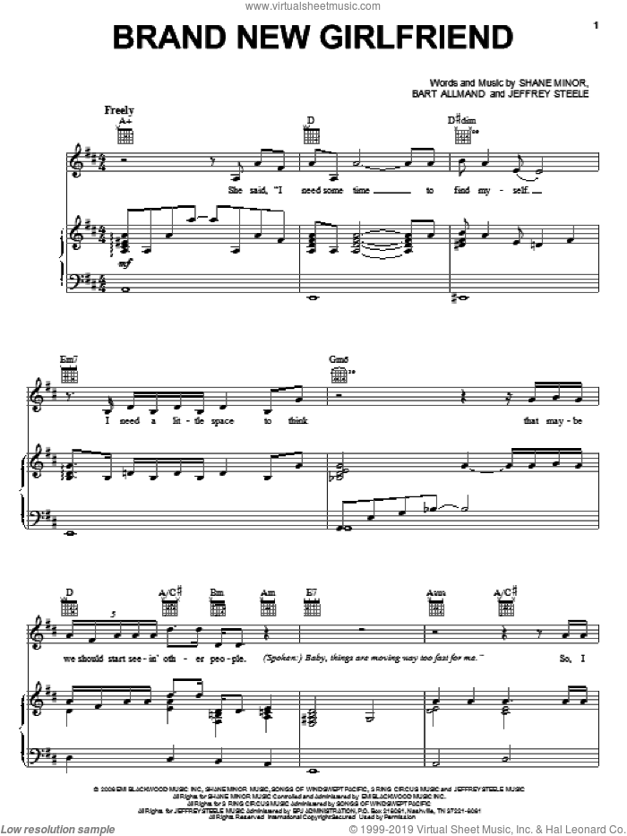 Brand New Girlfriend sheet music for voice, piano or guitar by Steve Holy, Bart Allmand, Jeffrey Steele and Shane Minor, intermediate skill level