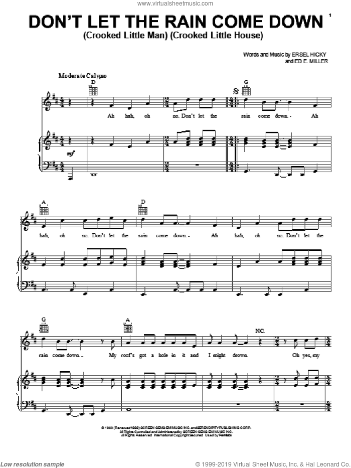Don't Let The Rain Come Down (Crooked Little Man) (Crooked Little House) sheet music for voice, piano or guitar by Serendipity Singers, Ed. E. Miller and Ersel Hicky, intermediate skill level