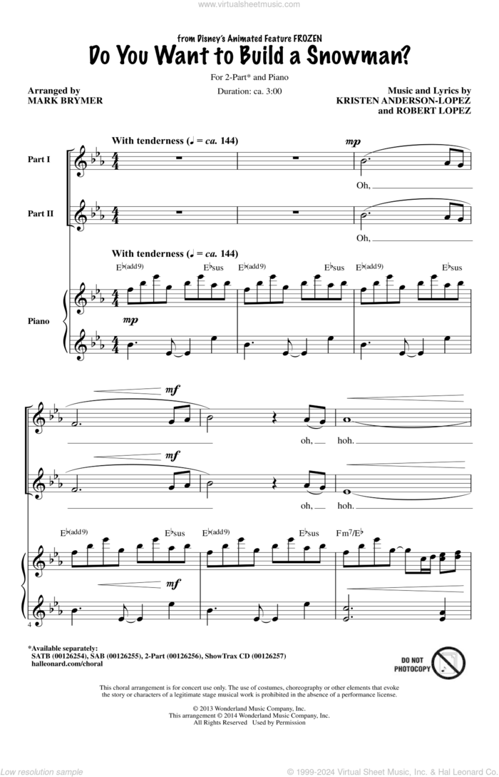 Do You Want To Build A Snowman? (from Frozen) (arr. Mark Brymer) sheet music for choir (2-Part) by Mark Brymer, Kristen Anderson-Lopez, Kristen Bell, Kristen Bell, Agatha Lee Monn & Katie Lopez and Robert Lopez, intermediate duet