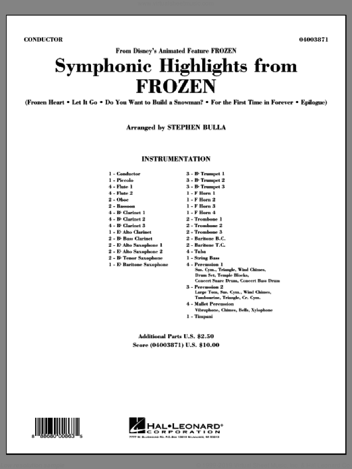 Symphonic Highlights from Frozen (COMPLETE) sheet music for concert band by Stephen Bulla, intermediate skill level