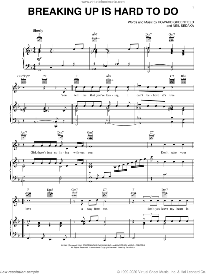 Breaking Up Is Hard To Do sheet music for voice, piano or guitar by Neil Sedaka and Howard Greenfield, intermediate skill level