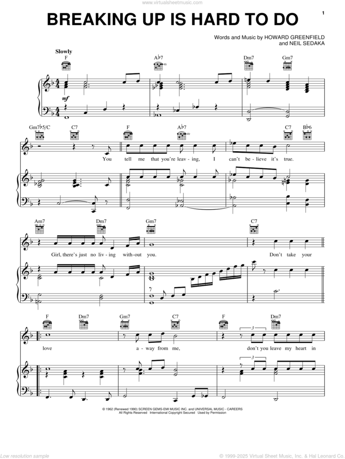 Breaking Up Is Hard To Do sheet music for voice, piano or guitar by Neil Sedaka and Howard Greenfield, intermediate skill level